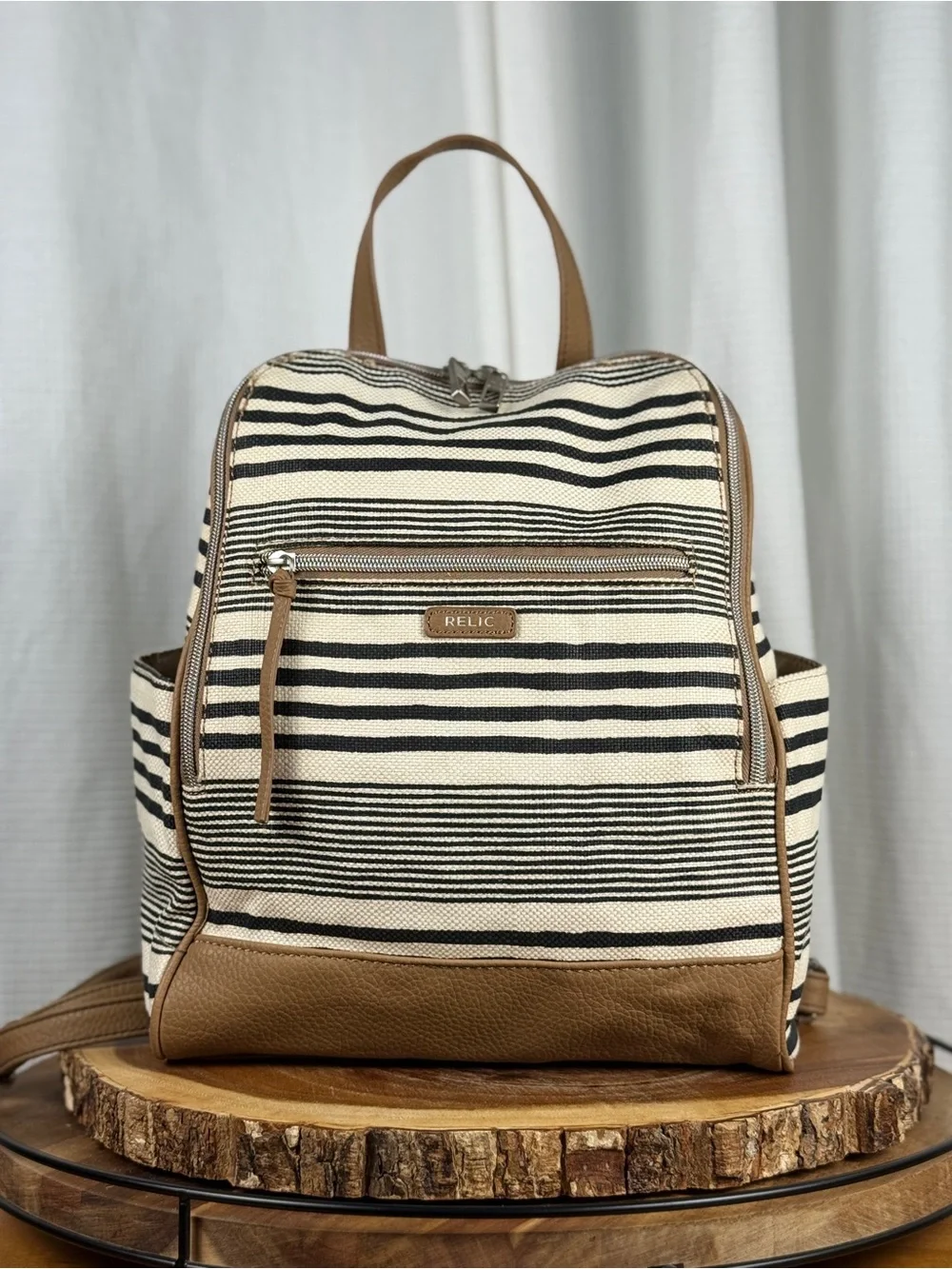Relic Striped Black & Cream Canvas Backpack Purse with Tan Trim - EUC